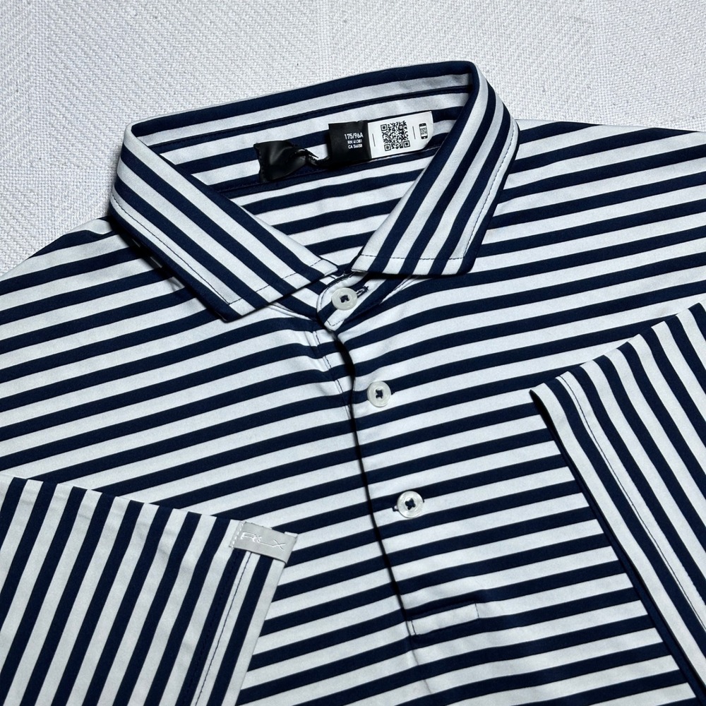 RLX Ralph Lauren Polo Shirt Mens Medium Striped Performance Golf Navy White